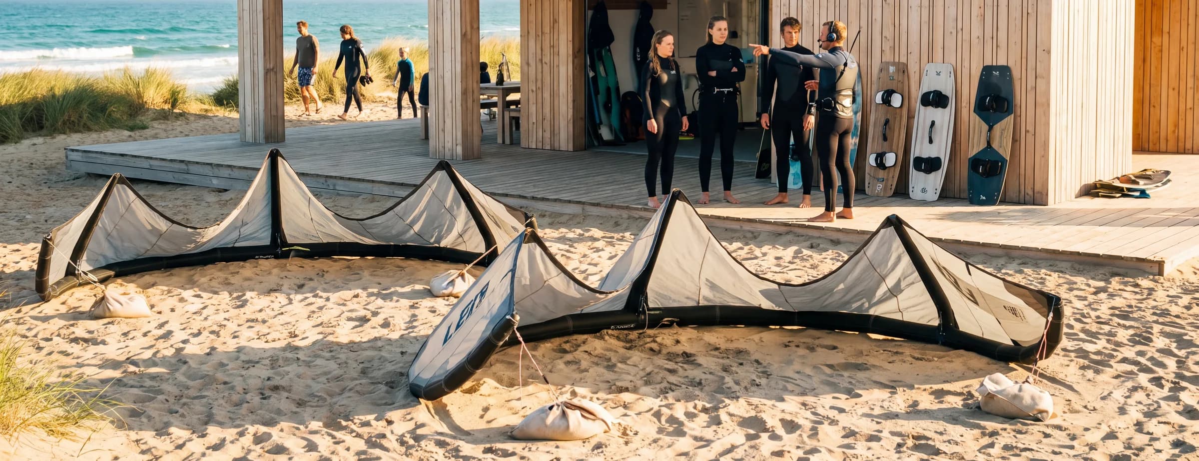 Holzstation am Strand, drei Kites ausgelegt im Sand, Twintips an der Wand, Team im Neopren auf dem Deck, Abendlicht.