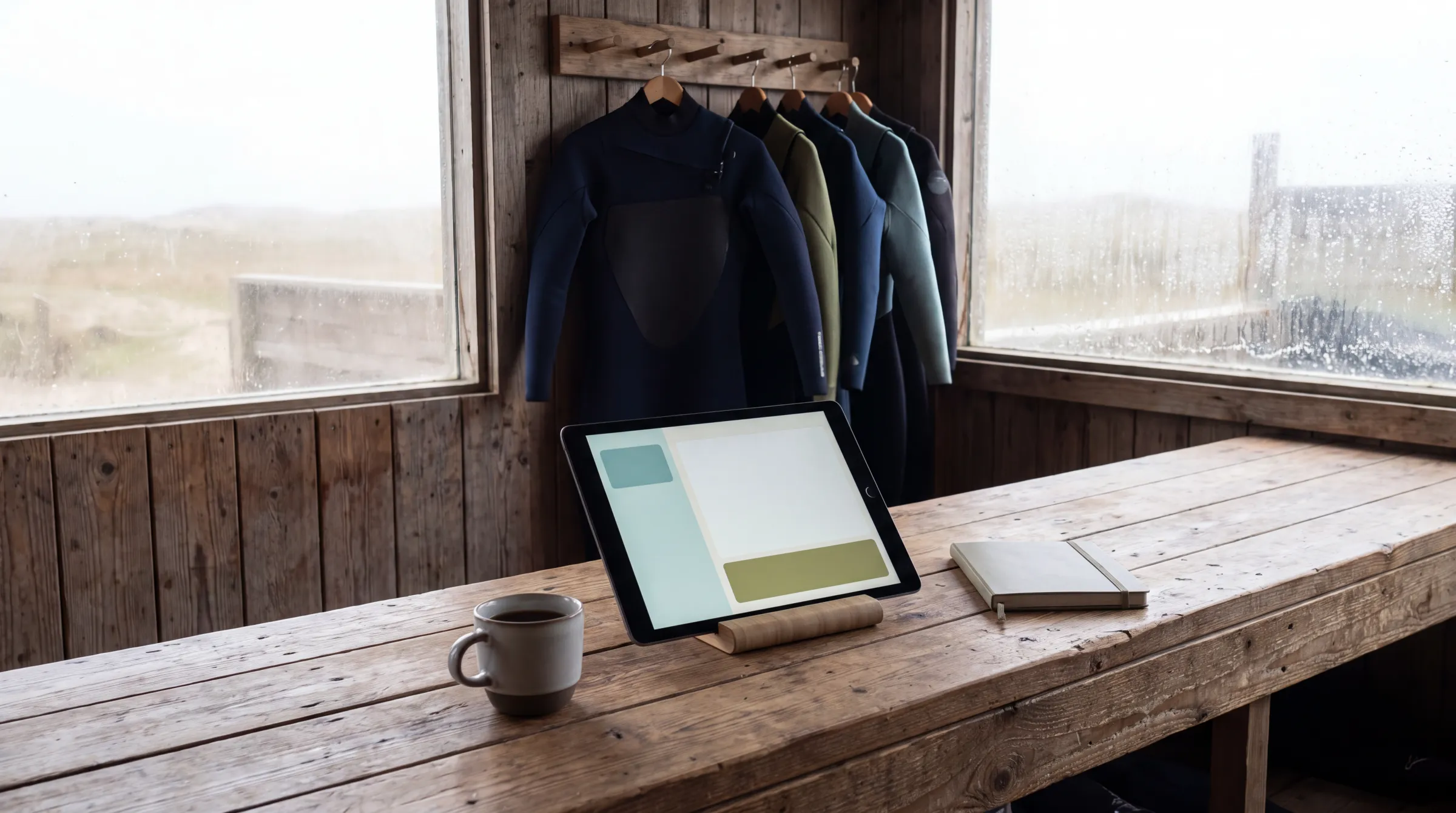 Dieselbe Holztheke, aufgeräumt: Tablet mit dem Wochenplan, ein Notizbuch, eine Tasse Kaffee, Neoprenanzüge ordentlich an Holzhaken, Morgenlicht durch das Fenster.