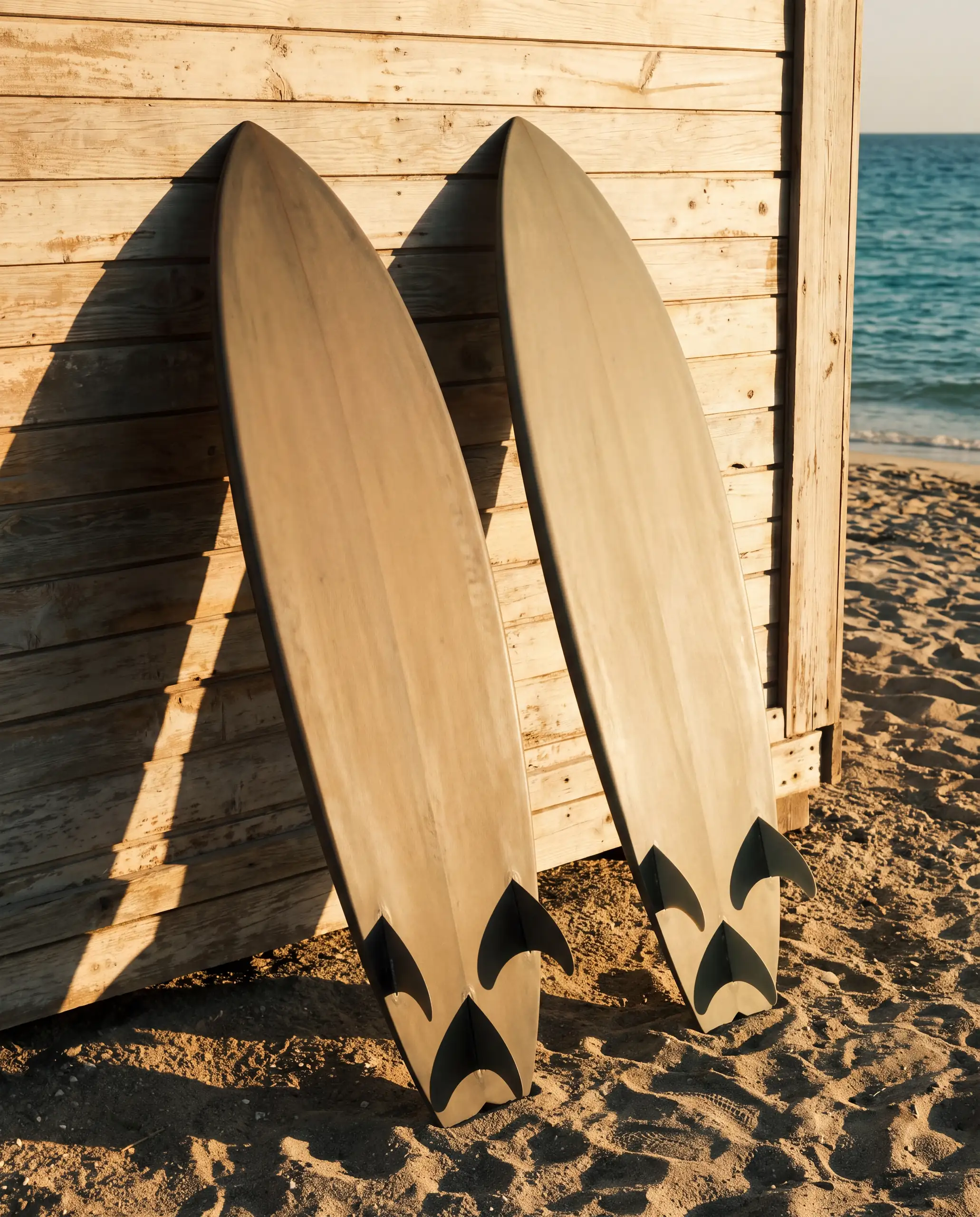Softboards aufgereiht im nassen Sand, Nordsee-Schaumwellen dahinter, grauer Himmel mit Lichtloch, keine Gesichter.