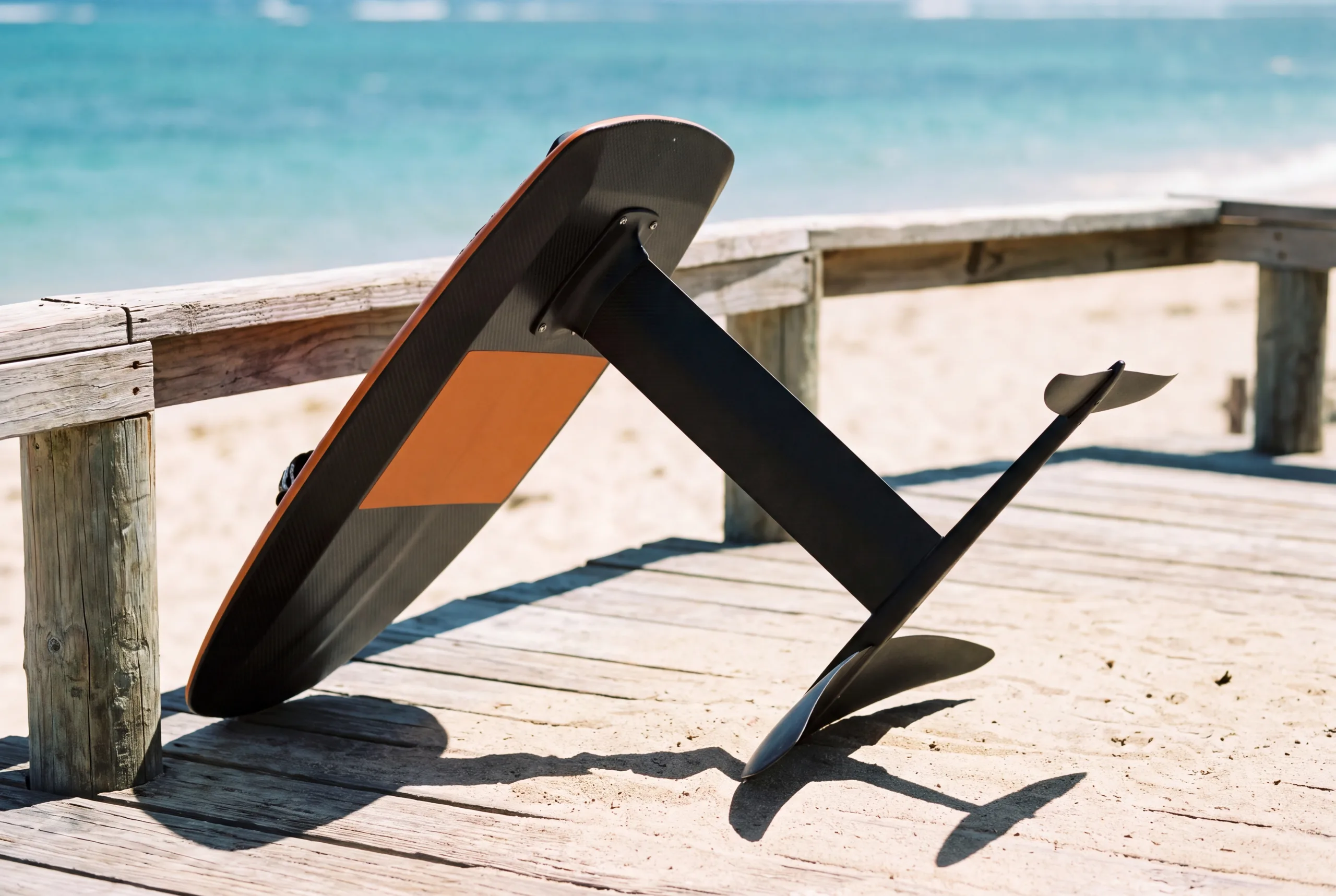 Wing und Foilboard am Spülsaum, Foil im Vordergrund scharf, Person weit hinten im Wasser als Silhouette, auflaufendes Wasser.