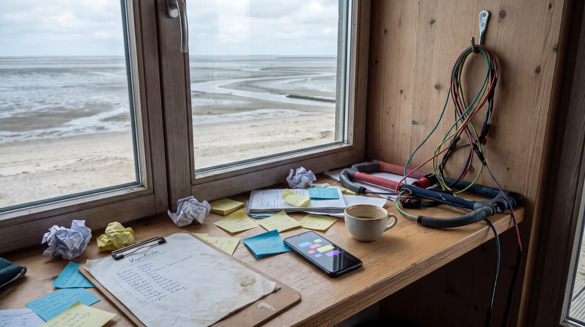 Holztheke am Fenster der Station mit Blick aufs Watt: Klemmbrett mit handgeschriebener Kursliste, Haftnotizen, zerknüllte Zettel, Handy voller Benachrichtigungen, Kaffeetasse, Kite-Bar mit Leinen am Haken.