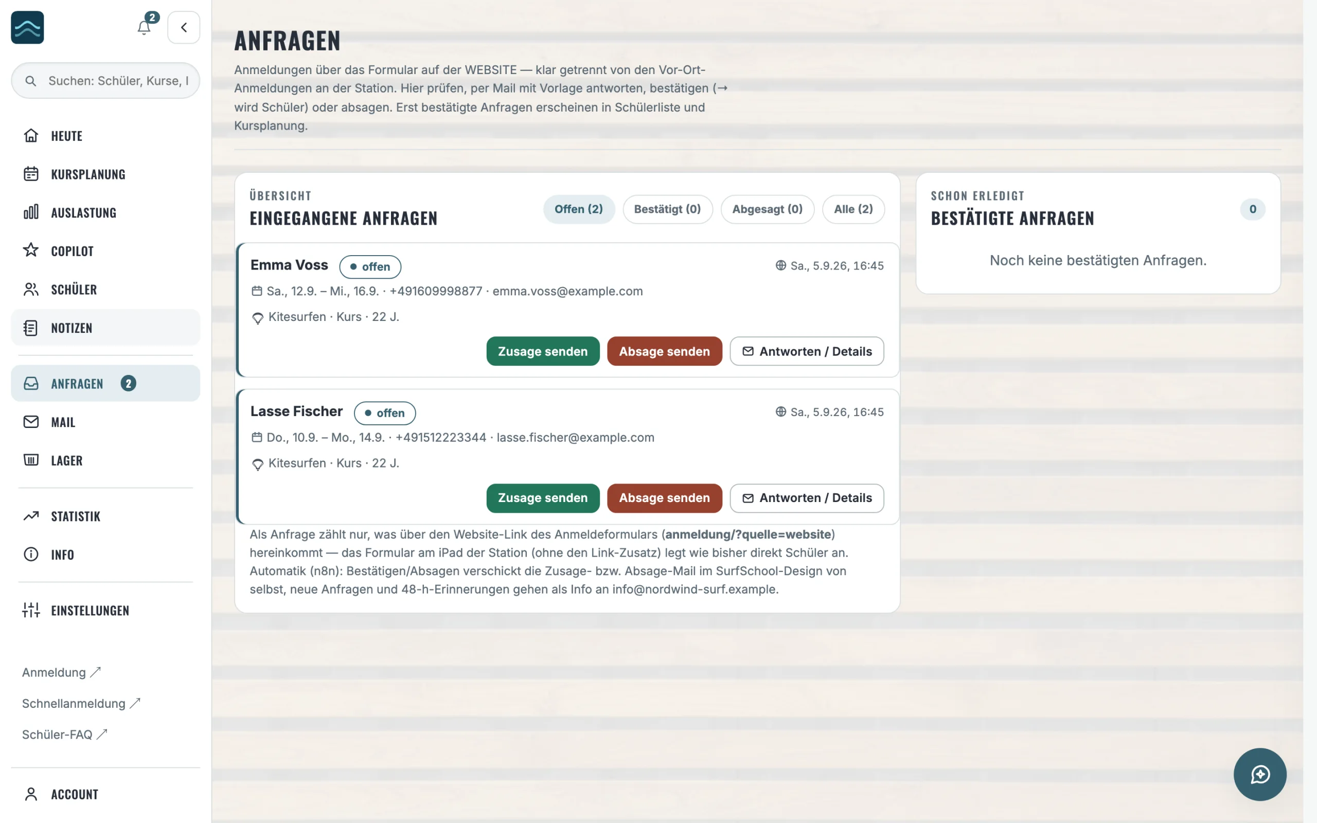 Eingegangene Gästeanfragen im Dashboard