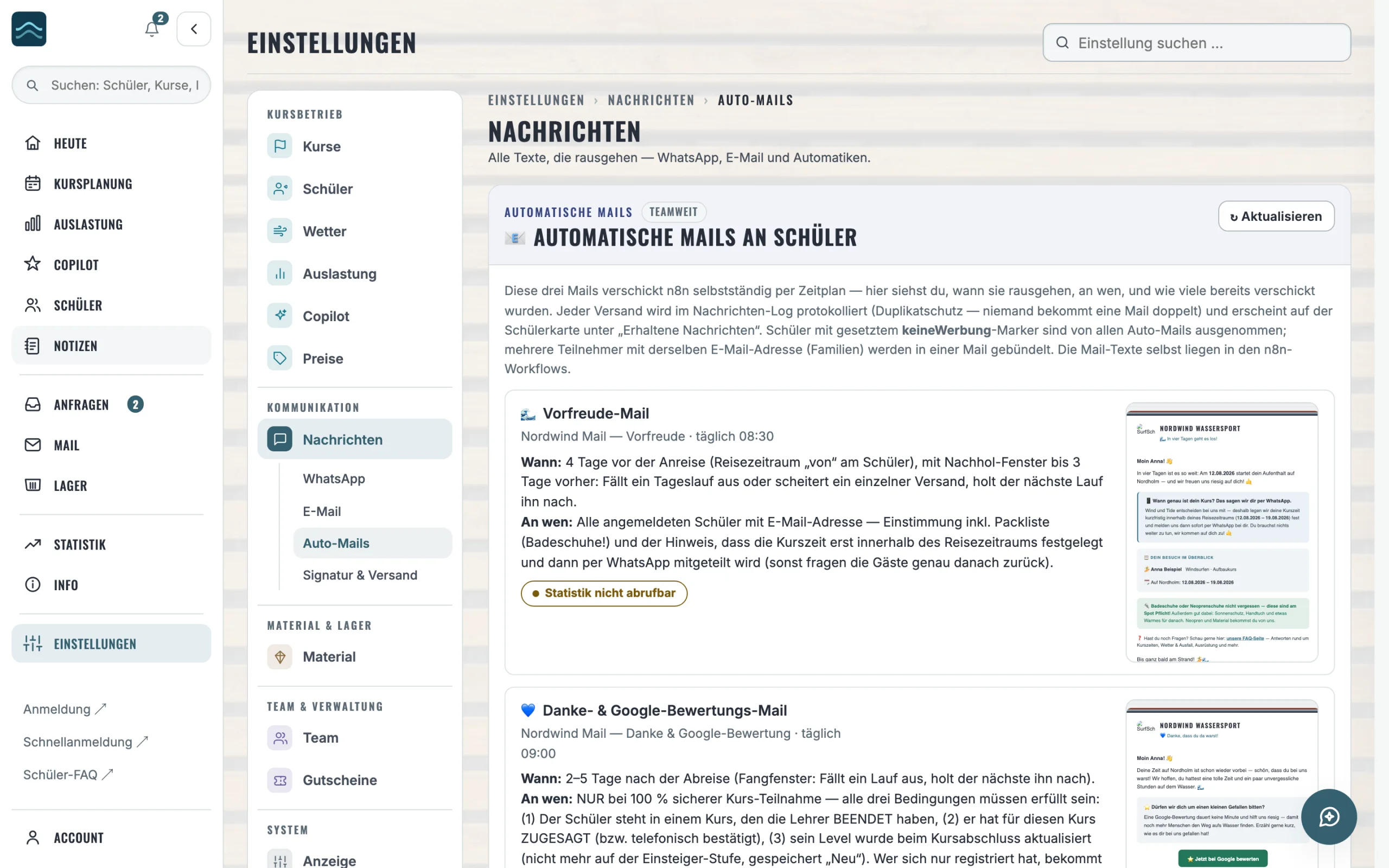 Automatische Mails mit Vorlagen für Vorfreude, Danke und Wiedersehen
