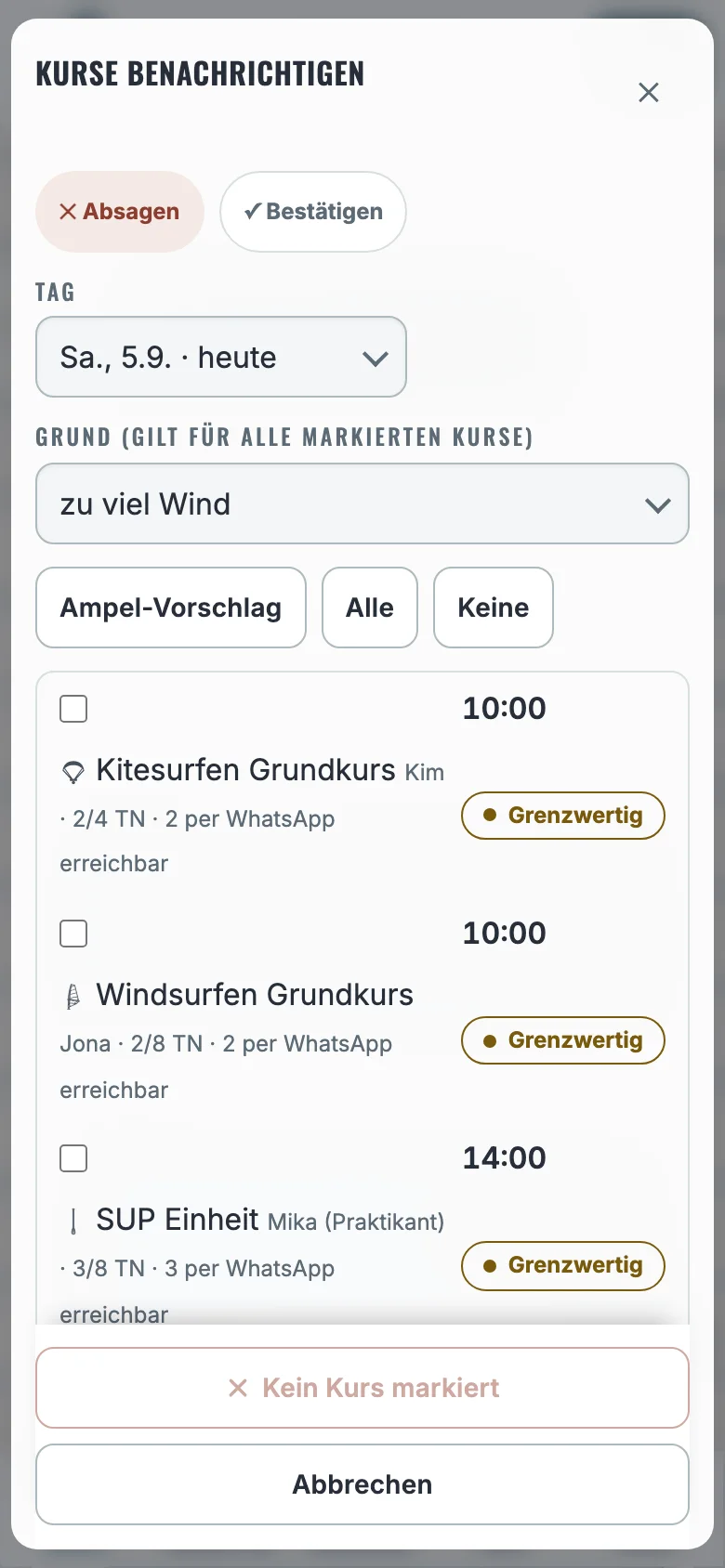 Absage-Dialog für mehrere Kurse auf dem Handy, mit Ampel-Vorschlag